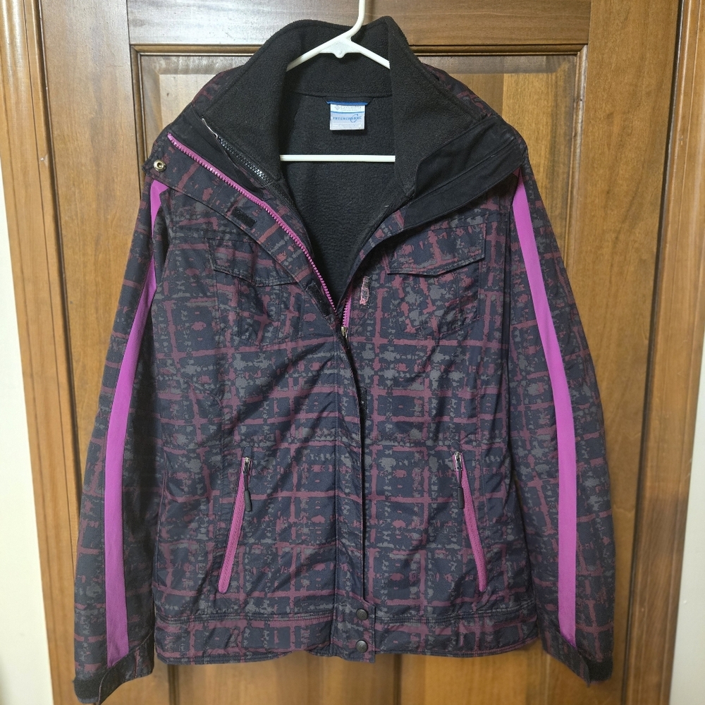 Columbia Black and Purple Abstract Print Waterproof 2-in-1 Winter Jacket, M